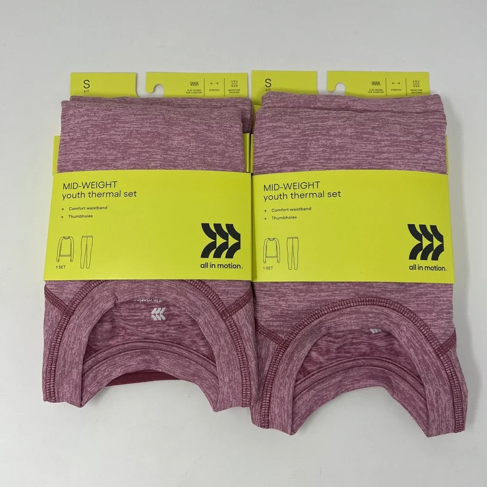 LOT of 2 All in Motion Mid-Weight Thermal Set Youth S 6/7 Heather Pink 2 pc NWT